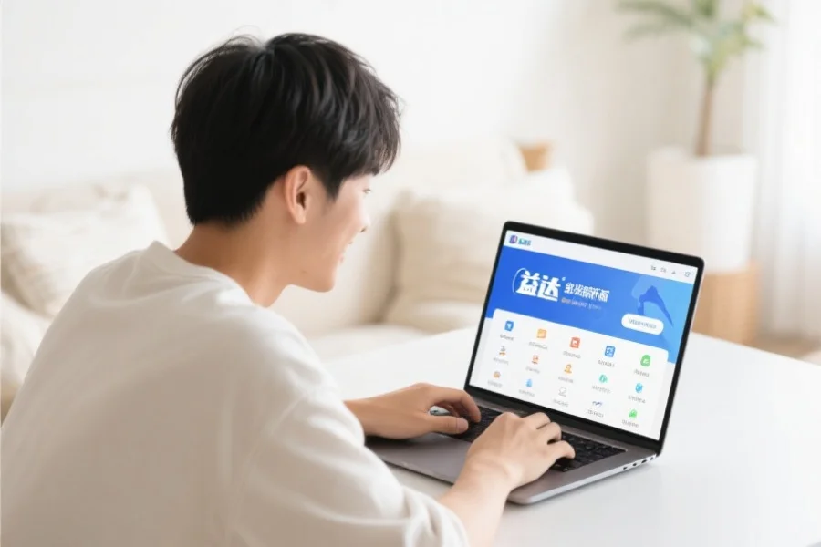 一位年轻用户在明亮舒适的室内环境中愉快地使用笔记本电脑，屏幕上展示焦点客户端新版界面